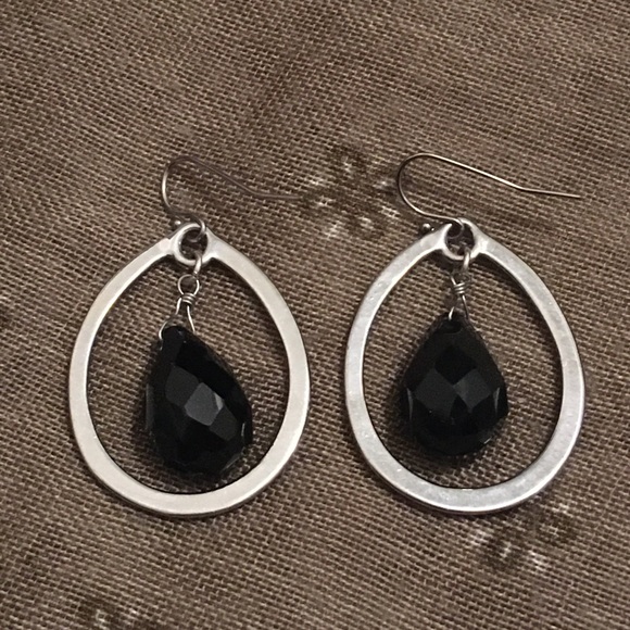 Vintage Silver Tone and Black Bead Dangle Hook Earrings - Picture 3 of 7